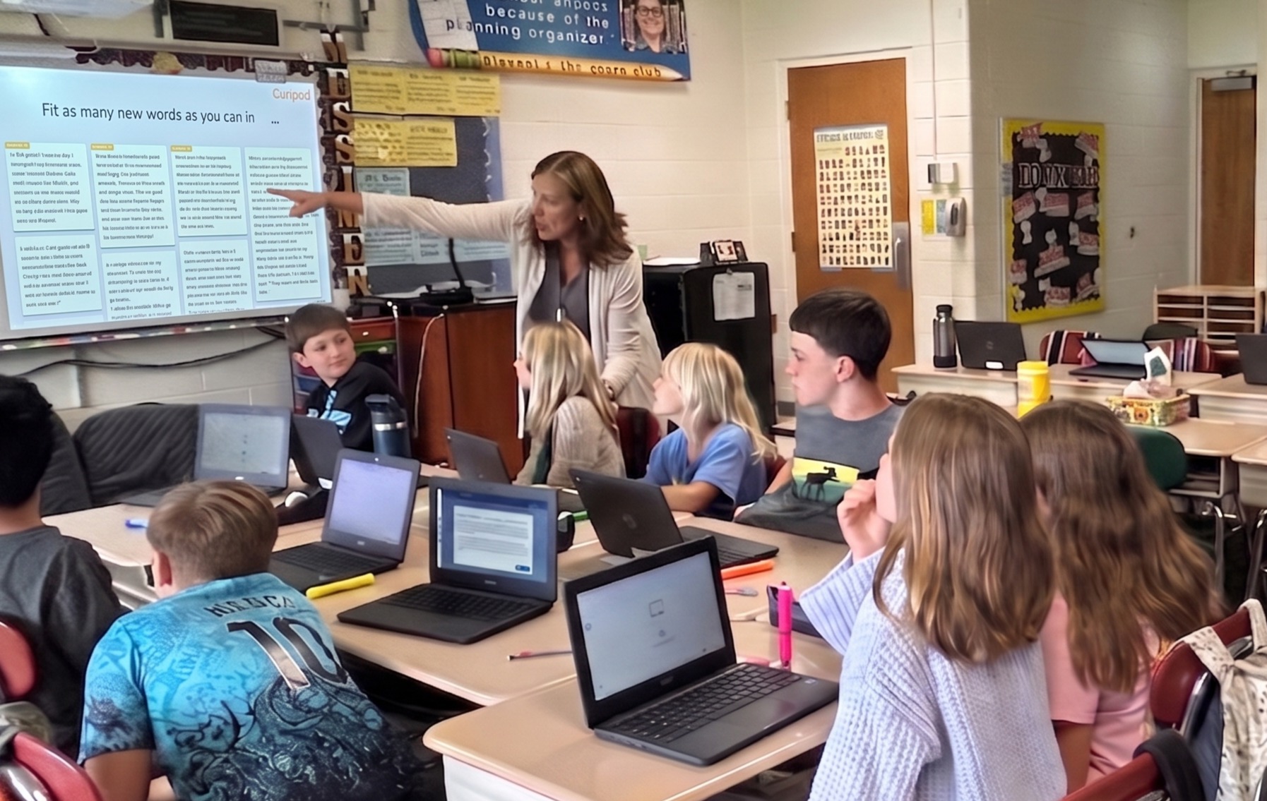 A Bluebonnet lesson running on a Curipod activity slide in a K-5 Texas classroom, students engaged, looking up at the screen.